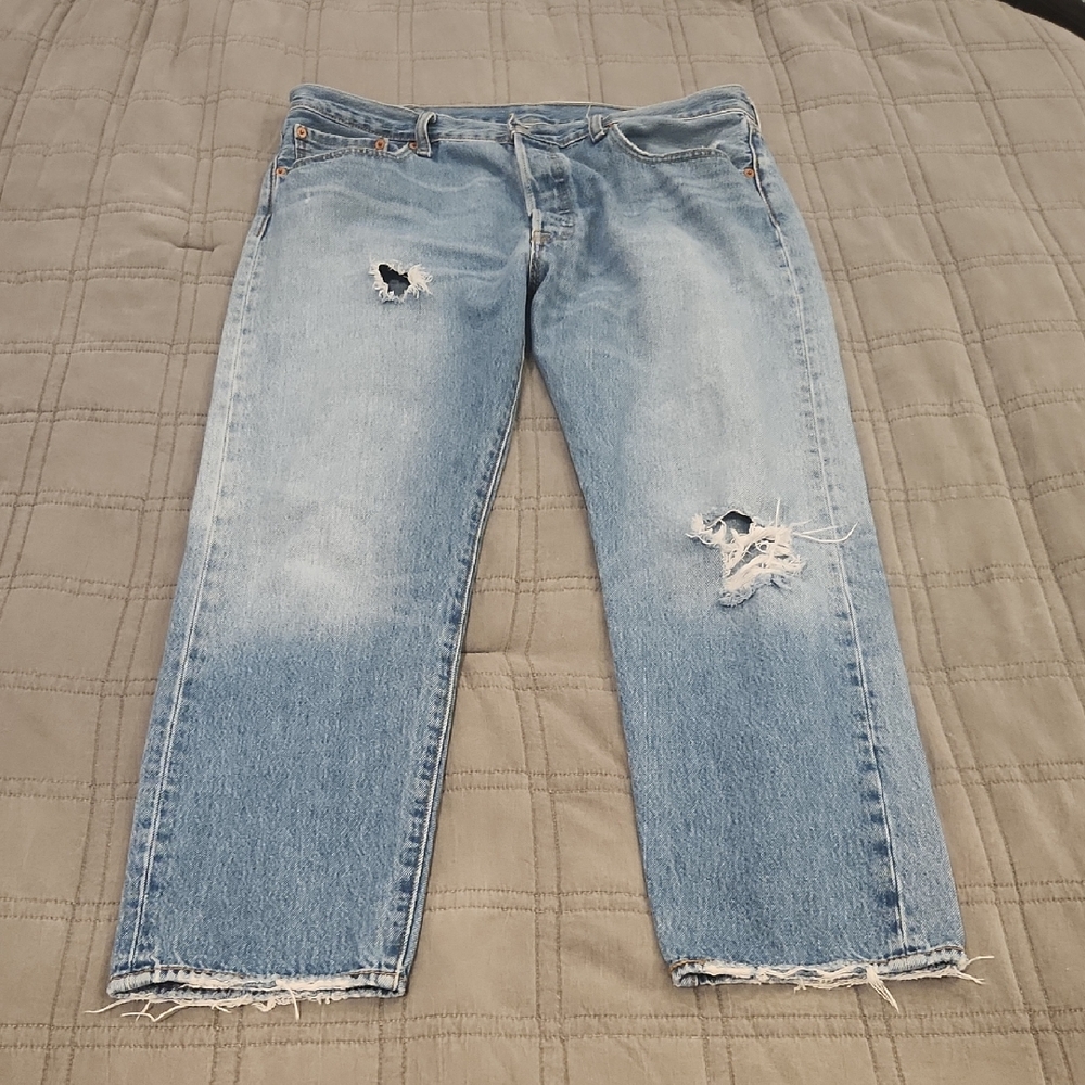 Levi's 501 Light Blue Button Fly Distressed Straight Jeans 36x30!